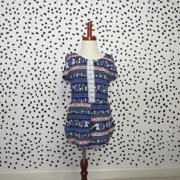 Heart & Arrow Other - Heart + Arrow Blue Elephant Print Crochet Trim Girls Romper